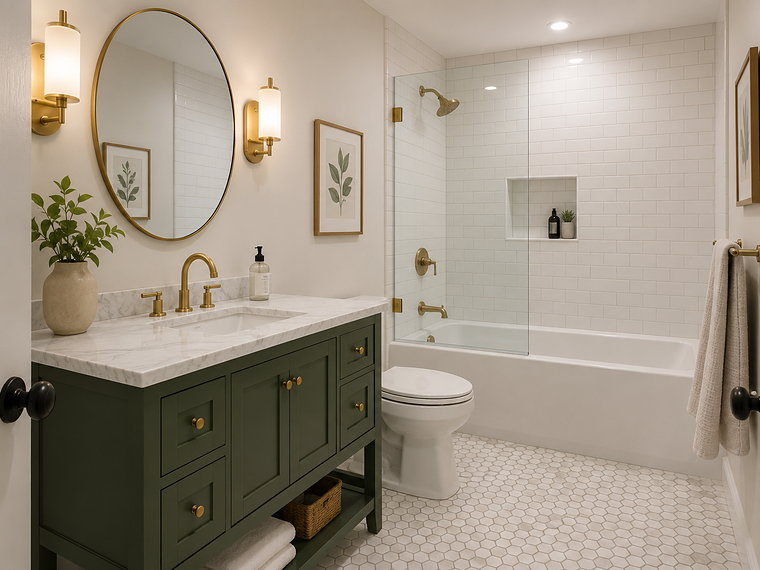 Remodelled bathroom with a deep green vanity, brass fittings and a glass tub screen