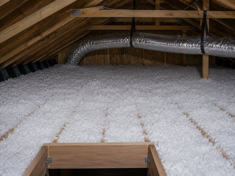 Attic filled to full depth with fresh white blown-in insulation between the joists