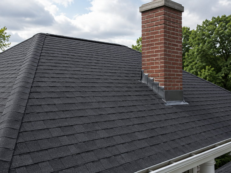 New charcoal architectural shingle roof with a brick chimney and fresh step flashing