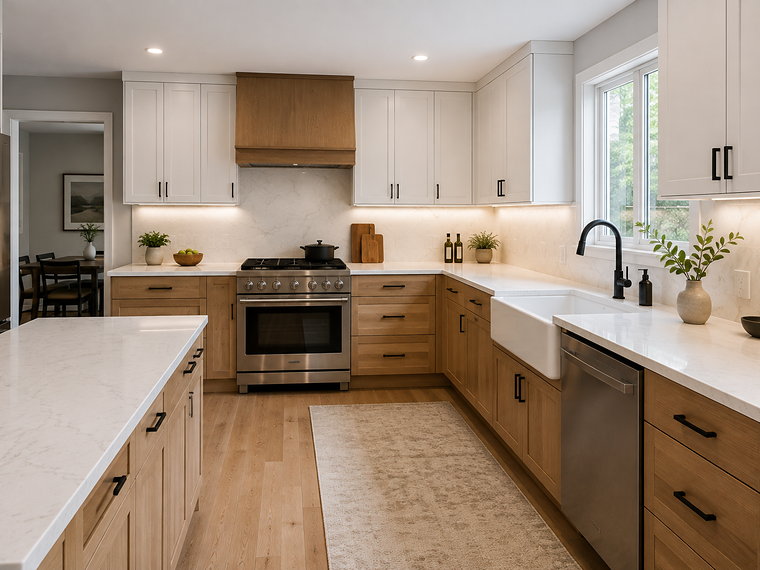 Remodelled kitchen with white uppers, natural wood base cabinets, quartz island and a farmhouse sink
